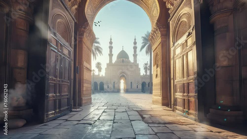 Animation gate of mosque building seamless 4k video background. generated with ai photo