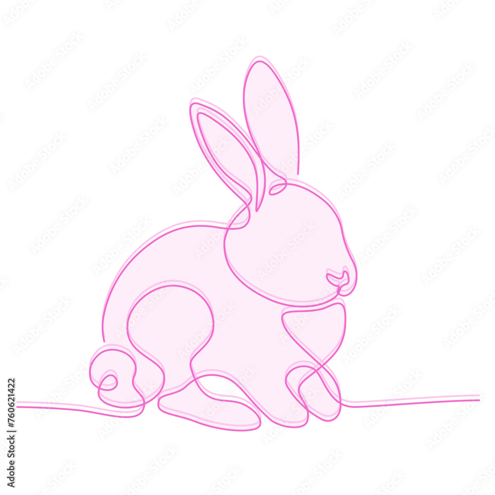 Zajączek wielkanocny rysowany jedną ciągłą linią. Sylwetka uroczego królika z różowym akcentem w prostym minimalistycznym stylu. Ilustracja wektorowa. - obrazy, fototapety, plakaty 