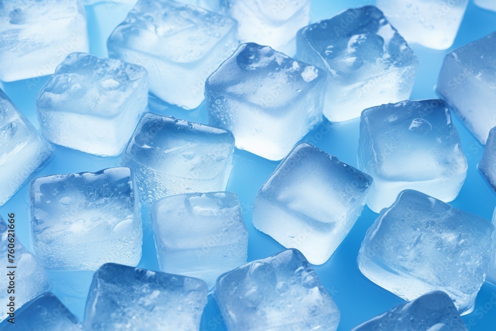 A close up of ice cubes with water droplets on them