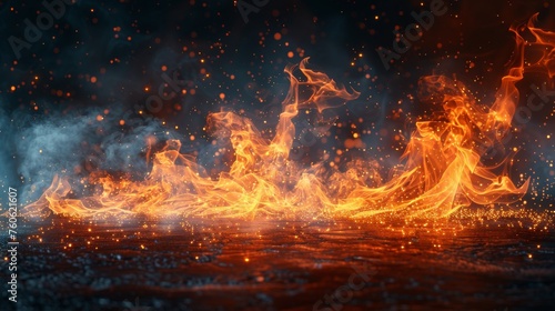A realistic heat effect of flames in a bonfire from a blacksmith's works or hell isolated on a transparent background with smoke, sparks, embers, and burning cinders. Modern realistic heat effect of © Mark