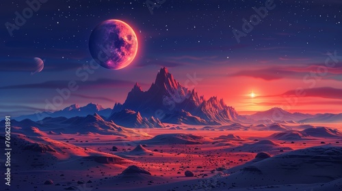 Mars surface, alien planet landscape. Night space game background with mountains, stars, Saturn and Earth in the sky. Modern cartoon illustration of the cosmos and dark martian surface.