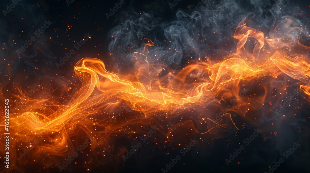 A realistic flying orange sparkle abstract illustration shows fire sparks on a smokey flame background. Hell bonfire with hot cinders on a smokey flame background.