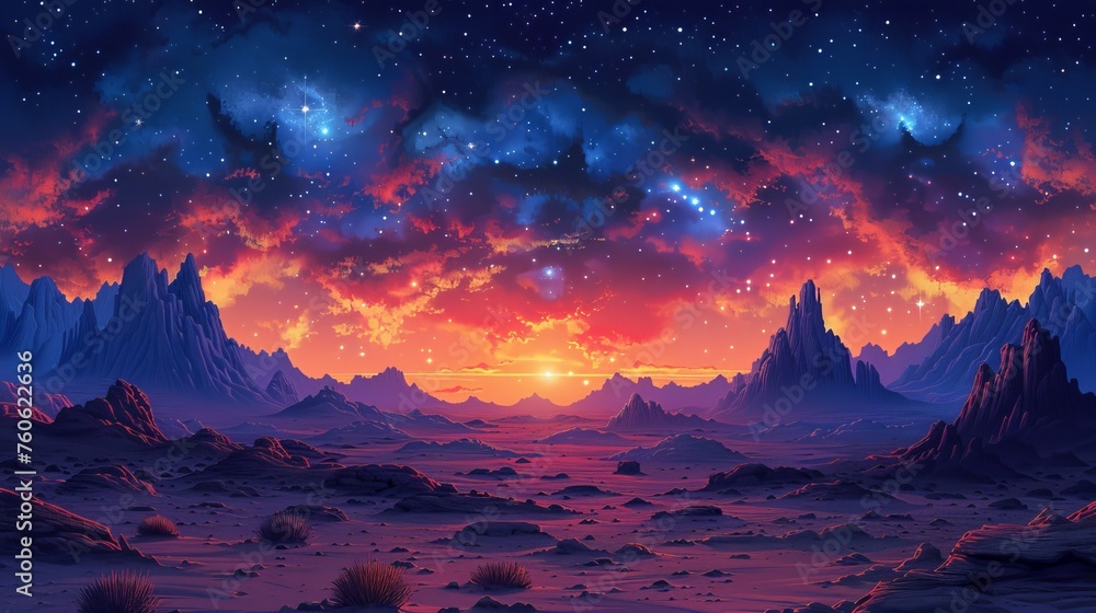 The space background of a planet with mountains, caves, rocks, and stars shines in a deep cleft. This illustration is an example of an extraterrestrial computer game backdrop with parallax effects.