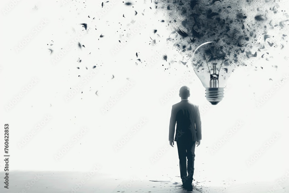 A man standing in front of a light bulb with smoke coming out. Ideal for concepts related to creativity and innovation A man standing in front of a light bulb with smoke coming out. Ideal for concepts related to creativity and innovation