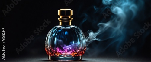 A beautiful glass for womens perfume bottle on plain bright black background with smoke fog and copyspace banner template from Generative AI