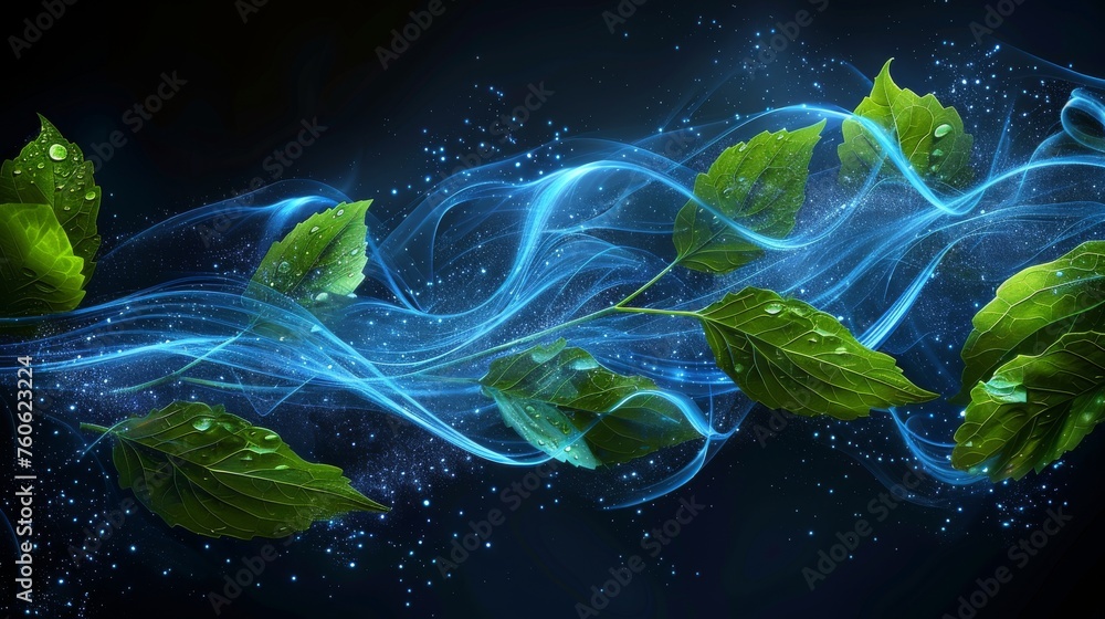 Glow waves and swirls, wand trails, fresh menthol breath, detergent, or blue air with green leaves, realistic 3D modern illustration of freshness effect. - obrazy, fototapety, plakaty 
