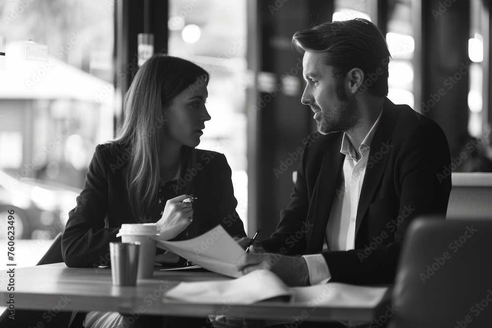 A man and a woman sitting together at a table. Suitable for lifestyle or relationship concepts A man and a woman sitting together at a table. Suitable for lifestyle or relationship concepts