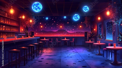 A nightclub interior with a disco ball, tables, a disco console, and a dance floor illuminated by spotlights and disco balls. Modern cartoon interior of a nightclub with a glowing scene and neon