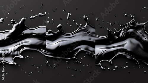 Animated splashes of black liquid, swirling and spitting with scatter drops, advertising elements on transparent background. Realistic 3d modern icons. photo