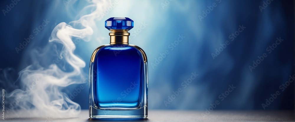 plain bright royal blue background with beautiful glass for womens perfume bottle with smoke fog and copyspace banner template from Generative AI plain bright royal blue background with beautiful glass for womens perfume bottle with smoke fog and copyspace banner template from Generative AI
