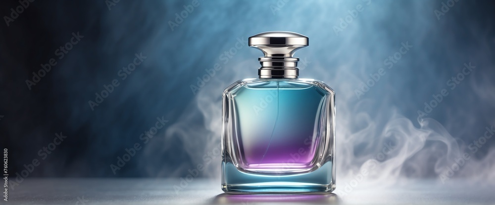 plain bright silver background with beautiful glass for womens perfume bottle with smoke fog and copyspace banner template from Generative AI plain bright silver background with beautiful glass for womens perfume bottle with smoke fog and copyspace banner template from Generative AI