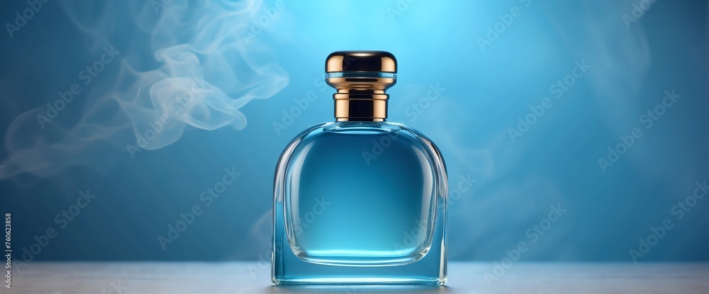 plain bright sky blue background with beautiful glass for womens perfume bottle with smoke fog and copyspace banner template from Generative AI - obrazy, fototapety, plakaty 