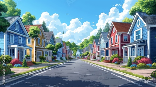 Home facades with green trees and asphalt road in front of yards on suburban street with residential cottages. Cartoon modern illustration.