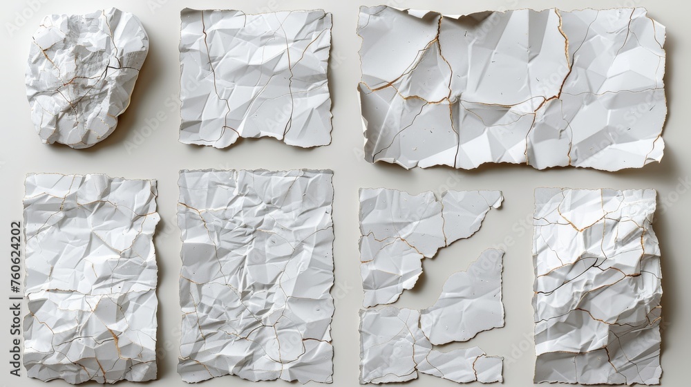 White ripped and crumpled notes and scraps isolated on gray background. Blank paper pages pieces, modern realistic illustration. White ripped and crumpled notes and scraps isolated on gray background. Blank paper pages pieces, modern realistic illustration.