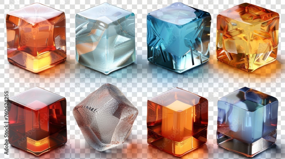 The cubic shape of a plastic or glass object from different angles, a crystal block or aquarium podium, and a glossy geometric object isolated on transparent background, are realistic 3D modern - obrazy, fototapety, plakaty 