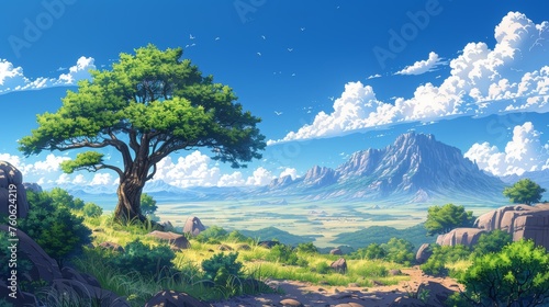 Landscape of the green savannah, wild nature of Africa, cartoon background with rocks and plain grasslands under blue skies. Kenya panorama view, parallax scene, modern illustration. photo