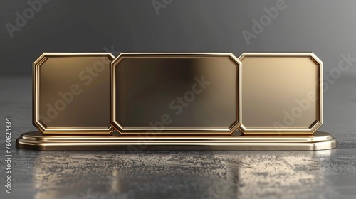 A mockup of a golden and metal stand with an empty nameplate isolated on gray background for an identification tag for events. photo