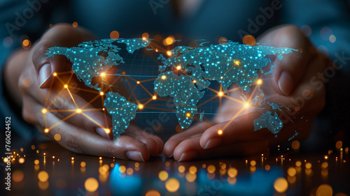 Hand pointing to the world map hologram with internet data connected to the global network.