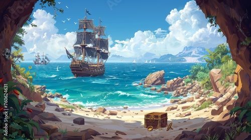An uninhabited tropical island and a captain's hat on a dug hole are depicted in this modern cartoon illustration of sea landscape with wooden ship with skull on black sails, a pirate's treasure photo