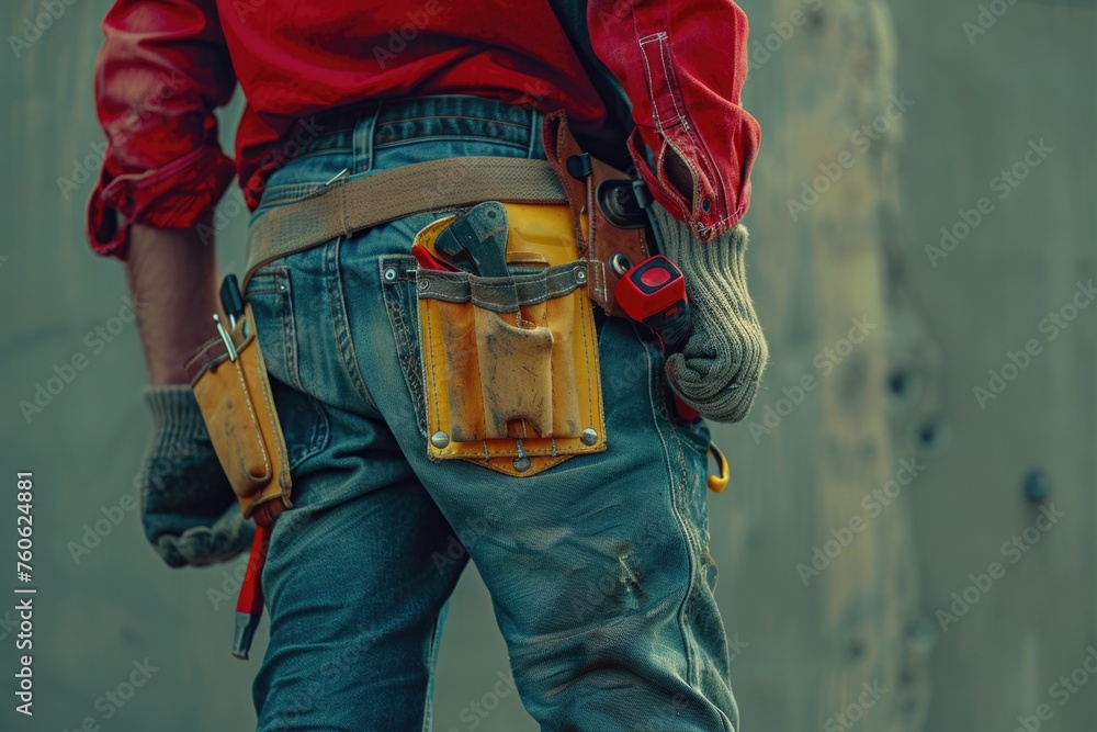 A man holding a tool belt, perfect for construction or DIY projects A man holding a tool belt, perfect for construction or DIY projects