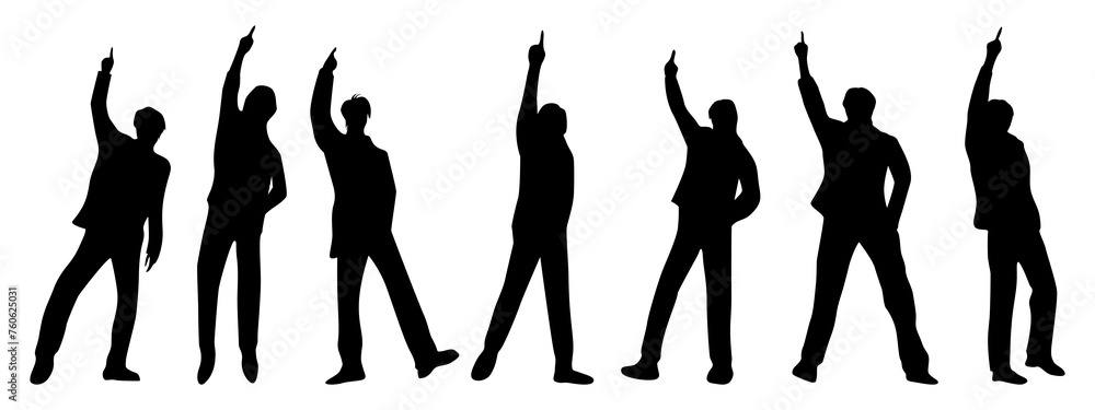 人差し指を突き上げてダンスする7人の男性シルエット 人差し指を突き上げてダンスする7人の男性シルエット