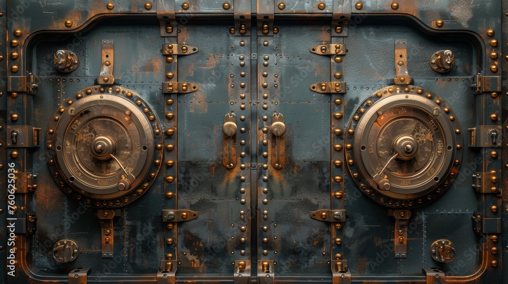 Animated motion sequence of a bank safe vault door opening. Metal steel round gate closes, is slightly ajar, and opens. Isolated mechanism with welds and rivets. Gold and money storage. Realistic 3D