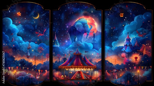 There are circus show banners, big top tent carnival entertainment with elephants, phoenixes, ice cream booths, carousels, invitation flyers, tickets to funfair amusement parks and cartoon modern photo