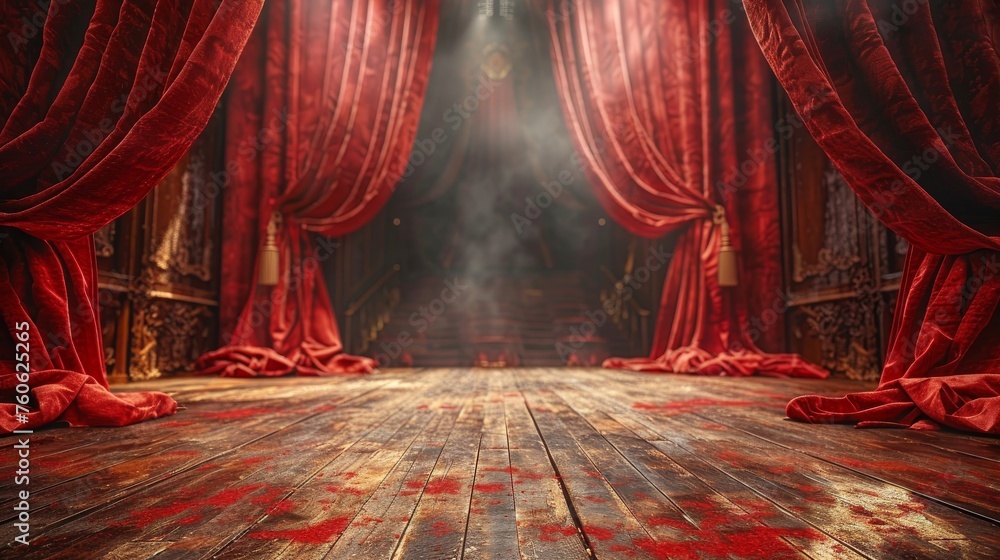 The red stage curtain and wooden floor realistic modern illustration. Covers for theaters, operas, concerts, and cinemas. Portiere for ceremony performances. - obrazy, fototapety, plakaty 