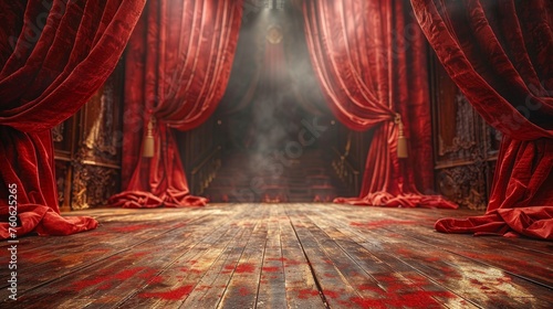 The red stage curtain and wooden floor realistic modern illustration. Covers for theaters, operas, concerts, and cinemas. Portiere for ceremony performances. photo