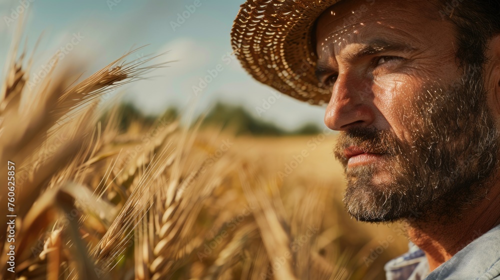 A man in a straw hat standing in a beautiful wheat field. Perfect for agricultural and nature concepts A man in a straw hat standing in a beautiful wheat field. Perfect for agricultural and nature concepts