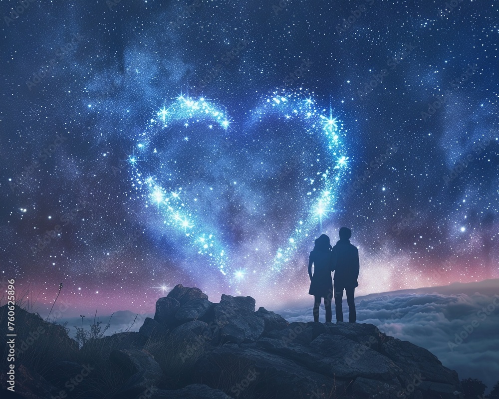 Stargazing lovers at a remote location under a heart-shaped constellation Stargazing lovers at a remote location under a heart-shaped constellation
