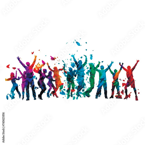 Horizontal graffiti style colorful border banner with crowd of happy people dancing. Group of excited men and women background. Vector trendy youth silhouettes border design. Isolated on white