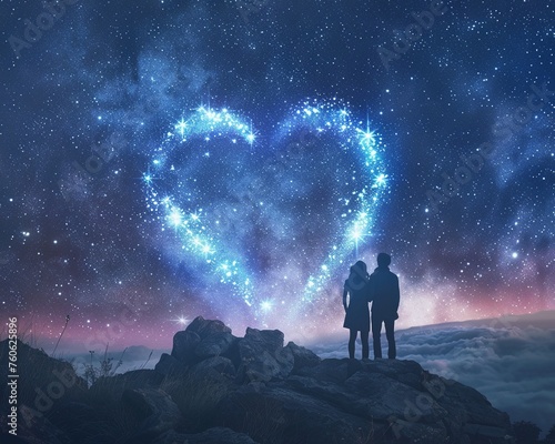 Stargazing lovers at a remote location under a heart-shaped constellation photo