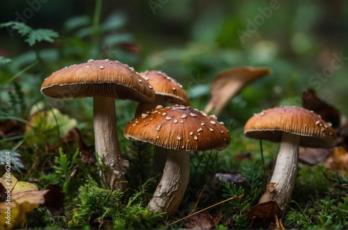 beautiful closeup of forest mushrooms in grass autumn