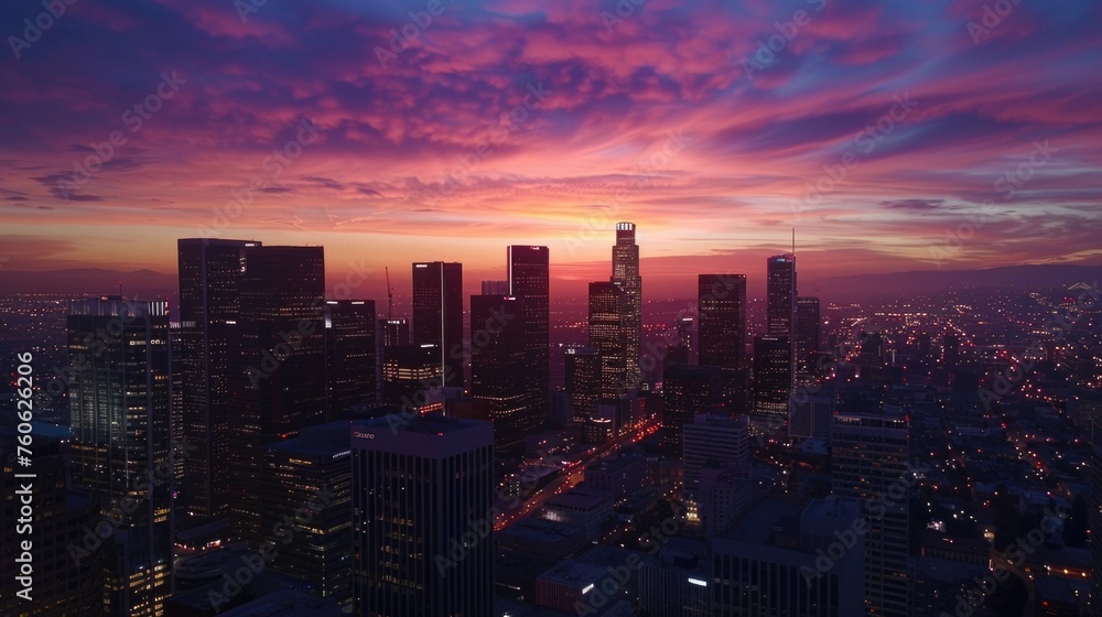 Cityscape view at sunset from a high-rise building, suitable for urban themes