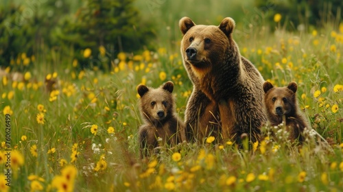 A mother bear and her two cubs in a field of flowers. Suitable for nature and wildlife themes