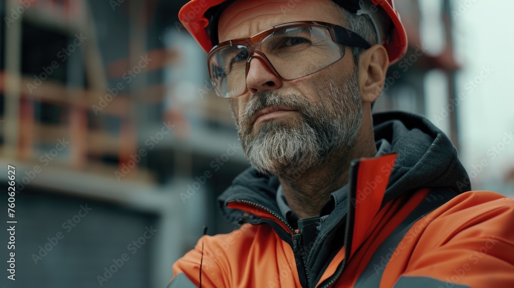 A man wearing a hard hat and safety glasses. Ideal for construction and industrial concepts A man wearing a hard hat and safety glasses. Ideal for construction and industrial concepts