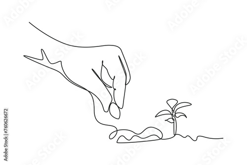 Single one line drawing of planting a seed in soil. Farming challenge minimal concept. Continuous line draw design graphic vector illustration.