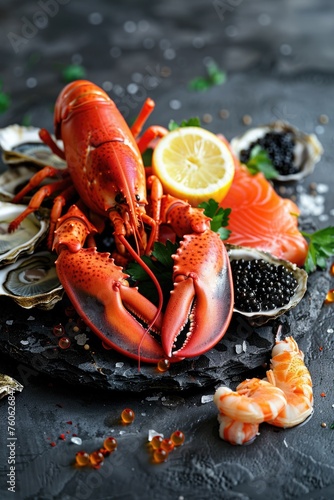 A luxurious platter of seafood with lobster, oysters, and caviar. Perfect for gourmet cuisine concepts