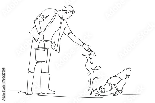 Single one line drawing of farmer feeding chickens. Farming challenge minimal concept. Continuous line draw design graphic vector illustration.