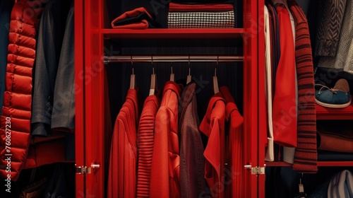 A closet filled with various red clothes. Perfect for fashion or organization concepts photo