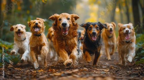 Group of Dogs Running Down Dirt Road