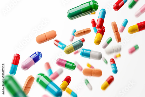Various colourful pills and capsules floating in the air isolated on a white background