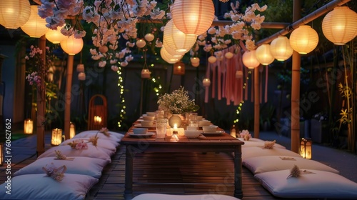 A long table covered in white paper lanterns. Perfect for event decoration