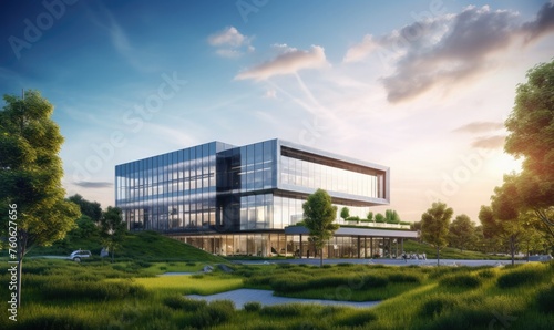 modern office building surrounded by a green landscape