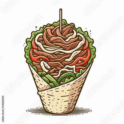 illustration of doner kebab with vegetables and meat on the white background