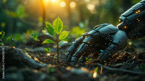 The robot hand planting a tree in a deforested area