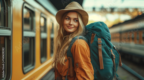 female traveling by train
