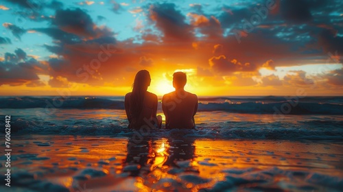 Two People Sitting on the Beach Watching the Sunset