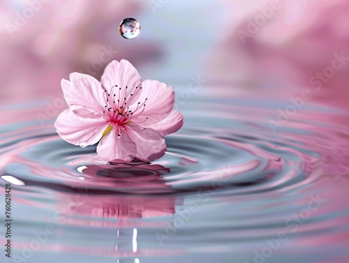 single water drop with pink flower in perfect form falling in water pink tone background
